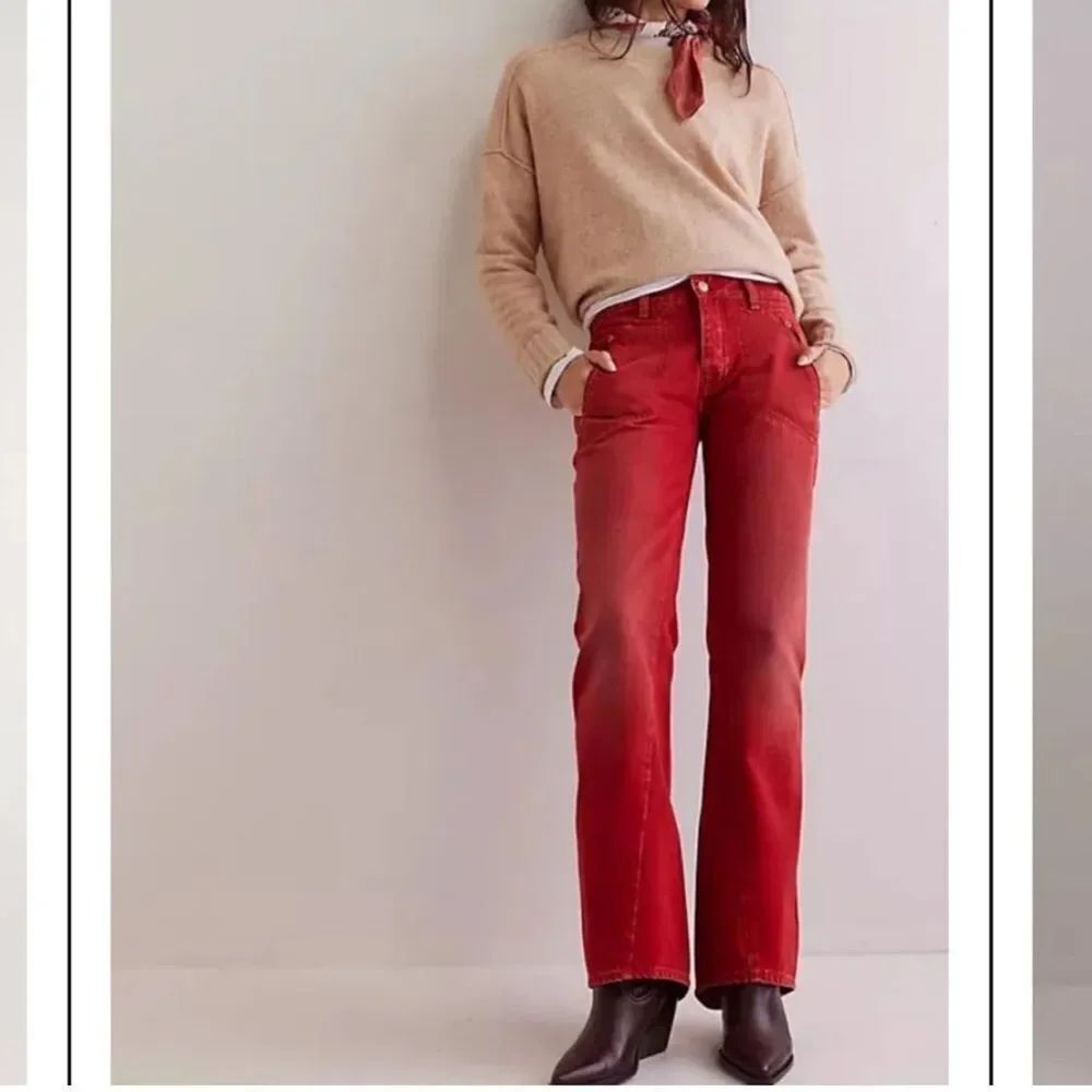 NWOT Free People We the Free Carnivale Low Rise Bootcut Jeans Hot Tamale Red